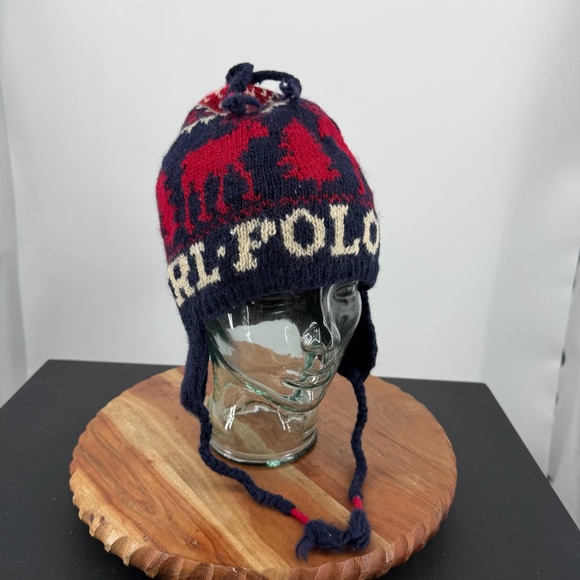 Polo Ralph Lauren winter beanie featuring deer motifs and ear flaps blue red